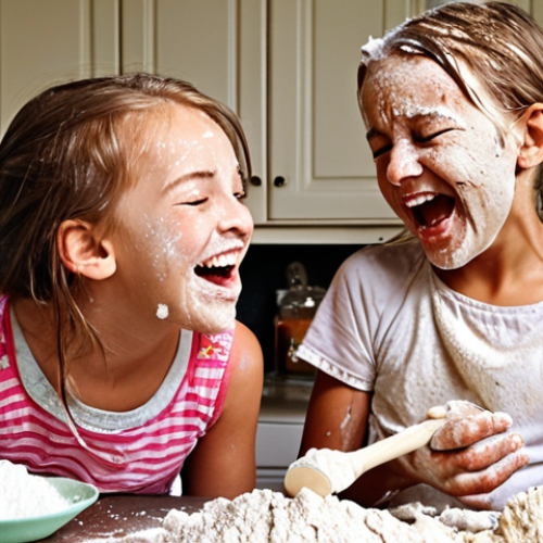 Home 19 **A chaotic but joyful kitchen scene: A 5-year-old niece covered in flour, laughing while baking cookies with her aunt. Flour is everywhere, emphasizing the fun and messiness of the experience.** (Focus: Joyful, messy, baking, childhood, connection)