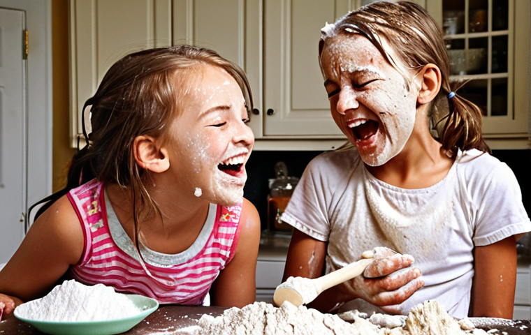 **A chaotic but joyful kitchen scene: A 5-year-old niece covered in flour, laughing while baking cookies with her aunt. Flour is everywhere, emphasizing the fun and messiness of the experience.** (Focus: Joyful, messy, baking, childhood, connection)