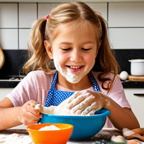 Home 18 Joyful Culinary Exploration and Skill Building**
A vibrant, slightly messy, and joyful scene in a warm Dutch home kitchen. A child, around 6-8 years old, is enthusiastically kneading dough or mixing ingredients in a colorful bowl. Their face shows a mixture of concentration and delight, with a smudge of flour on their cheek. Splashes of ingredients and cooking tools are scattered around, emphasizing the hands-on, sensory learning experience. An adult's hands are gently guiding or assisting in the background, subtly indicating support. The focus is on the development of fine motor skills, hand-eye coordination, and the child's burgeoning confidence in the kitchen. The light is soft and inviting, reflecting a cozy, family-oriented atmosphere.
2. **Prompt for