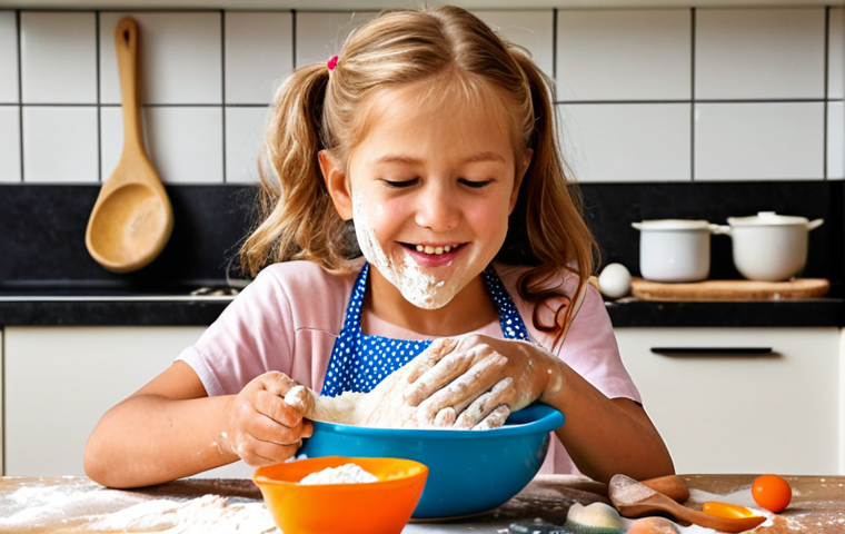 Joyful Culinary Exploration and Skill Building**
    A vibrant, slightly messy, and joyful scene in a warm Dutch home kitchen. A child, around 6-8 years old, is enthusiastically kneading dough or mixing ingredients in a colorful bowl. Their face shows a mixture of concentration and delight, with a smudge of flour on their cheek. Splashes of ingredients and cooking tools are scattered around, emphasizing the hands-on, sensory learning experience. An adult's hands are gently guiding or assisting in the background, subtly indicating support. The focus is on the development of fine motor skills, hand-eye coordination, and the child's burgeoning confidence in the kitchen. The light is soft and inviting, reflecting a cozy, family-oriented atmosphere.

2.  **Prompt for