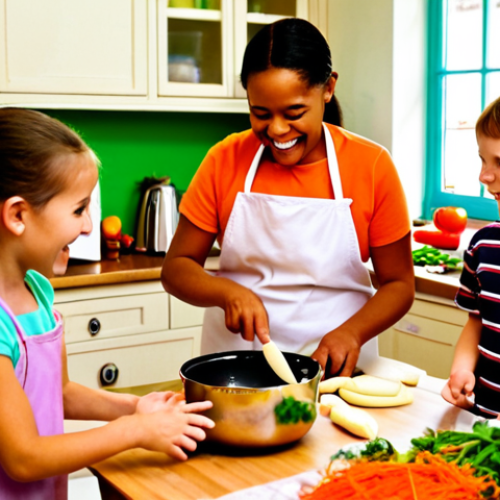 Home 17 **Prompt:** A group of cheerful, diverse children, aged 6-10, in a bright, inviting kitchen setting, actively engaged in cooking. A warm, experienced chef instructor gently observes them, possibly leaning in to have an informal, encouraging conversation with one child while others happily mix ingredients, chop vegetables (safely), and collaborate. The scene highlights natural, spontaneous learning and joyful interaction, with soft, warm lighting.