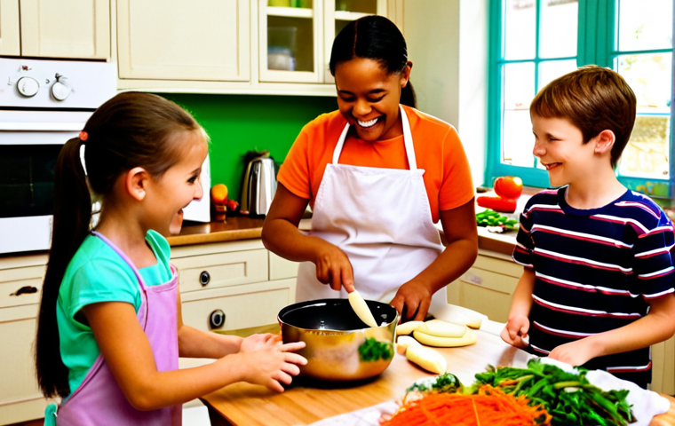 **Prompt:** A group of cheerful, diverse children, aged 6-10, in a bright, inviting kitchen setting, actively engaged in cooking. A warm, experienced chef instructor gently observes them, possibly leaning in to have an informal, encouraging conversation with one child while others happily mix ingredients, chop vegetables (safely), and collaborate. The scene highlights natural, spontaneous learning and joyful interaction, with soft, warm lighting.