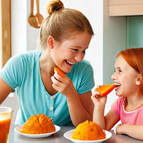 Home 8 **Prompt:** A heartwarming scene in a bright, modern Dutch kitchen. Two cheerful children, around ages 6-9, are happily eating vibrant, healthy-looking desserts – perhaps colorful fruit popsicles or small, delicious-looking muffins. The desserts appear enticing, with subtle hints of natural colors from fruits or 'hidden' vegetables (e.g., a warm orange hue in a muffin from pumpkin, or a gentle green in a smoothie bowl). A proud and content parent (depicting a Dutch individual) smiles warmly, observing their children's enjoyment. The atmosphere is joyful and wholesome, emphasizing the success of delicious, nutritious treats. Soft, natural daylight illuminates the scene.