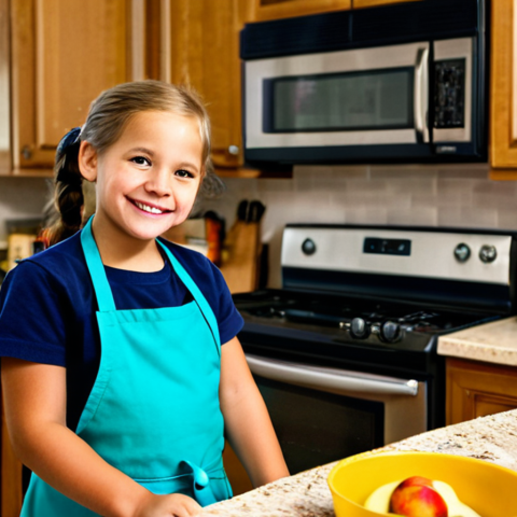 **
A young girl, around 7 years old, wearing a brightly colored, fully clothed apron, stands at a kitchen counter next to an adult (parent or guardian). They are both smiling. The girl is holding a bowl of homemade applesauce. The kitchen is warm and inviting, with light wood cabinets and modern appliances. Focus on the joy of shared cooking. Safe for work, appropriate content, family-friendly, fully clothed, perfect anatomy, natural proportions, professional photography, high quality.
**