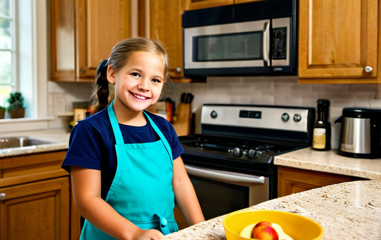 **
A young girl, around 7 years old, wearing a brightly colored, fully clothed apron, stands at a kitchen counter next to an adult (parent or guardian). They are both smiling. The girl is holding a bowl of homemade applesauce. The kitchen is warm and inviting, with light wood cabinets and modern appliances. Focus on the joy of shared cooking. Safe for work, appropriate content, family-friendly, fully clothed, perfect anatomy, natural proportions, professional photography, high quality.
**