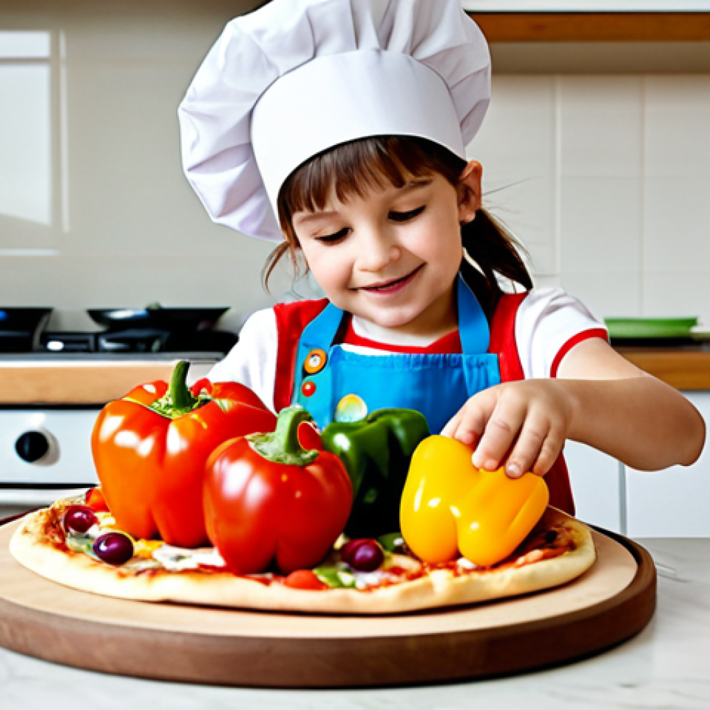 Child Decorating a Pizza**
A young child, approximately 6 years old, fully clothed in a kid-sized apron and chef's hat, is carefully arranging colorful vegetables (peppers, tomatoes, olives) on a small pizza base. The scene is a bright and cheerful kitchen, with family-friendly decorations and plenty of natural light. Perfect anatomy, correct proportions, well-formed hands, proper finger count. Safe for work, appropriate content, fully clothed, family-friendly. Professional photography, high quality.
**