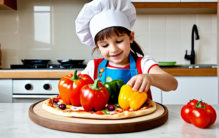 Child Decorating a Pizza**
A young child, approximately 6 years old, fully clothed in a kid-sized apron and chef's hat, is carefully arranging colorful vegetables (peppers, tomatoes, olives) on a small pizza base. The scene is a bright and cheerful kitchen, with family-friendly decorations and plenty of natural light. Perfect anatomy, correct proportions, well-formed hands, proper finger count. Safe for work, appropriate content, fully clothed, family-friendly. Professional photography, high quality.
**