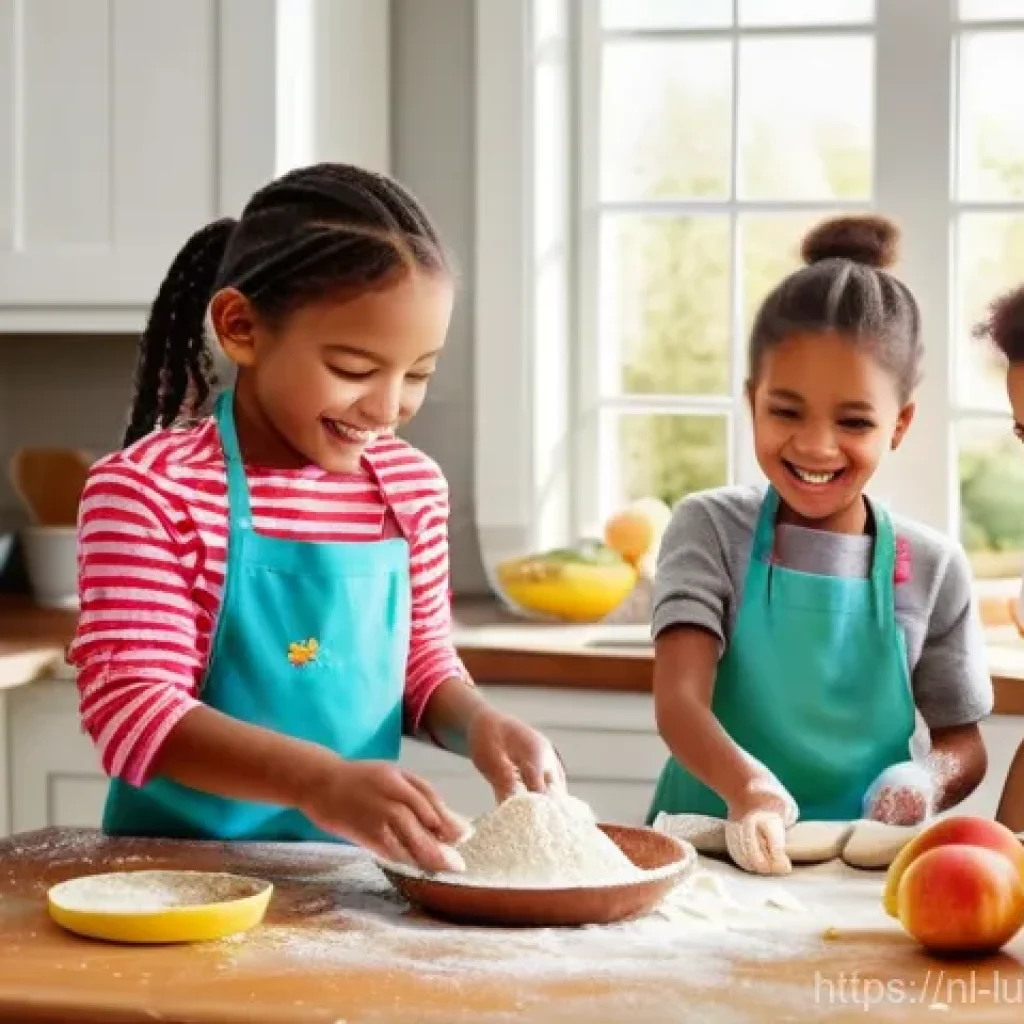 아동과 함께하는 생일 파티 요리 아이디어 - A joyful and lively scene inside a sunlit kitchen, where a group of diverse children, aged approxima...
