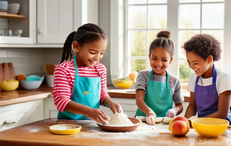 아동과 함께하는 생일 파티 요리 아이디어 - A joyful and lively scene inside a sunlit kitchen, where a group of diverse children, aged approxima...