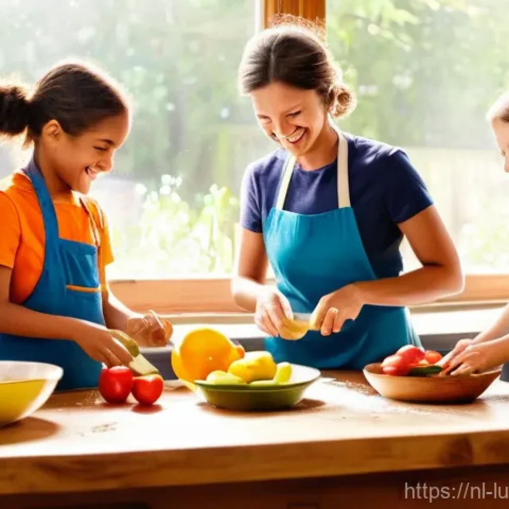 아이와 함께 만드는 저녁 식사 아이디어 - **Prompt:** A cozy, brightly lit kitchen scene with a family happily cooking together. A mother, a f...