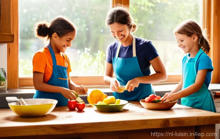 아이와 함께 만드는 저녁 식사 아이디어 - **Prompt:** A cozy, brightly lit kitchen scene with a family happily cooking together. A mother, a f...