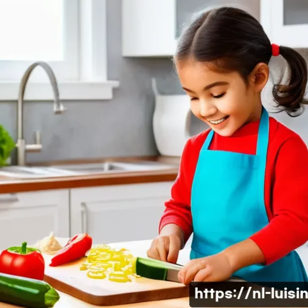 아동 요리에 적합한 주방 안전 장비 - A cheerful 5-year-old girl, wearing a colorful child-sized apron over her comfortable clothes, caref...
