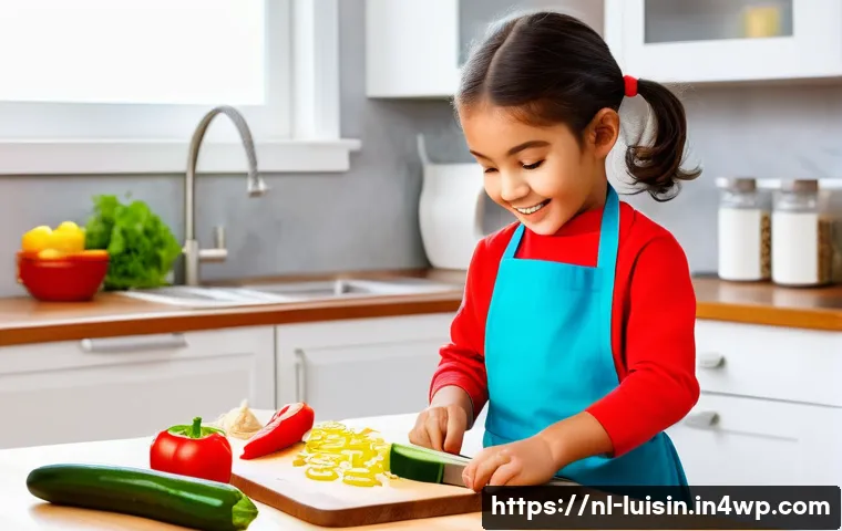 아동 요리에 적합한 주방 안전 장비 - A cheerful 5-year-old girl, wearing a colorful child-sized apron over her comfortable clothes, caref...