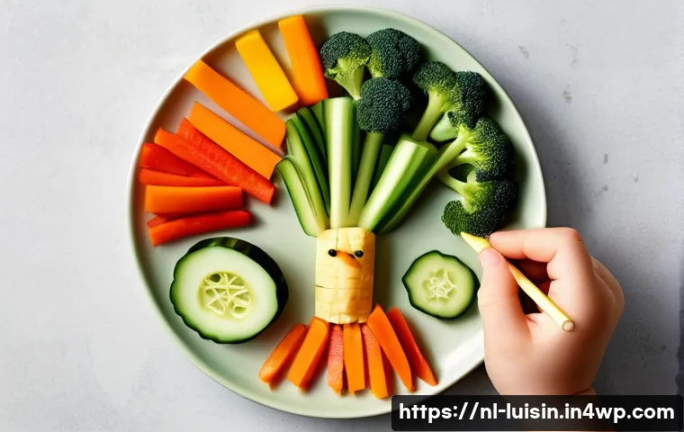 아이들의 요리에 적합한 식재료 선택 - A vibrant children&rsquo;s lunch plate featuring a colorful variety of vegetables arranged playfully as a ...