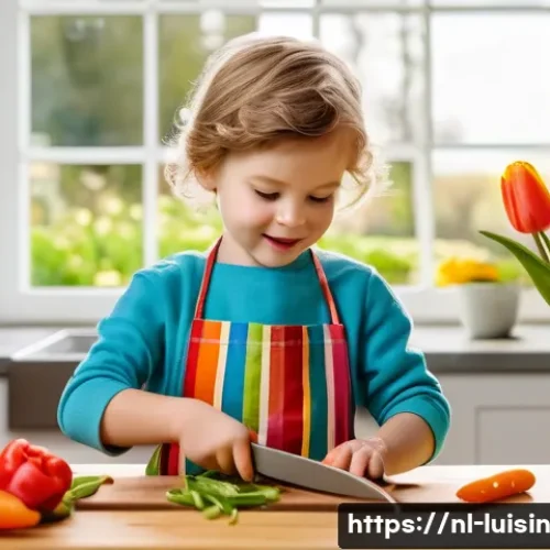 Home 33 아동 요리 교육의 현장 경험 공유 - A cheerful Dutch child wearing a colorful apron and using a child-safe knife to carefully cut vibran...
