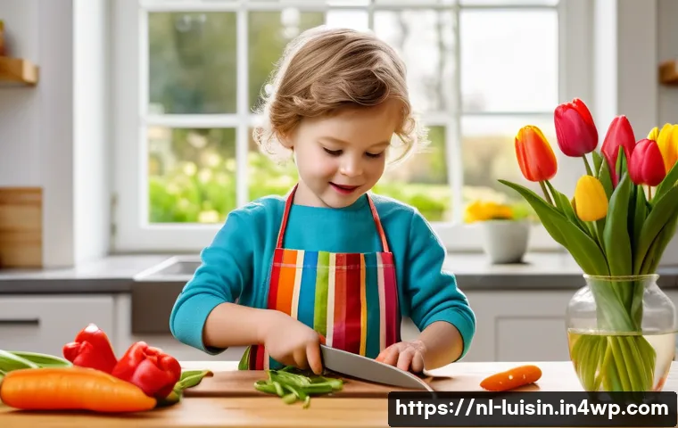 아동 요리 교육의 현장 경험 공유 - A cheerful Dutch child wearing a colorful apron and using a child-safe knife to carefully cut vibran...