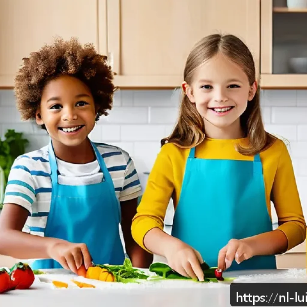 아동 요리 능력 평가 방법 - A bright, cheerful kitchen scene featuring a diverse group of children aged 7-9 years wearing colorf...