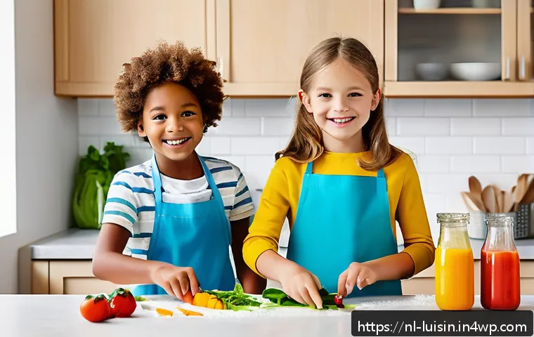 아동 요리 능력 평가 방법 - A bright, cheerful kitchen scene featuring a diverse group of children aged 7-9 years wearing colorf...