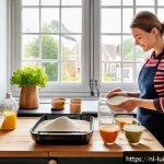 Home 19 요리 하면서 배우는 수학 개념 - A bright, modern Dutch kitchen scene featuring a home cook using a digital kitchen scale and measuri...