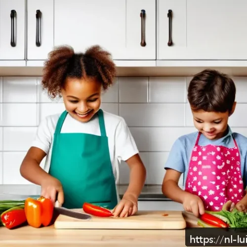 Home 30 아이들에게 요리의 즐거움 가르치기 - A cheerful Dutch family kitchen scene featuring children aged 5 to 7 wearing colorful aprons and usi...