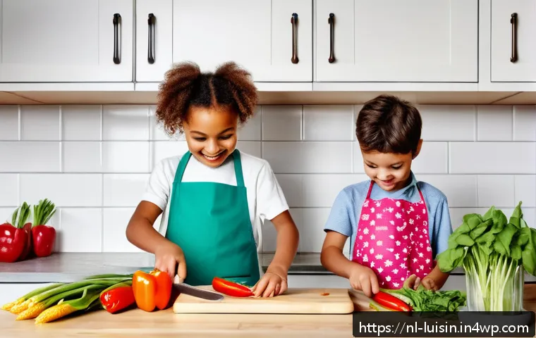 아이들에게 요리의 즐거움 가르치기 - A cheerful Dutch family kitchen scene featuring children aged 5 to 7 wearing colorful aprons and usi...