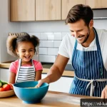 Home 23 아동 요리와 학습의 연결고리 찾기 - A cheerful Dutch family cooking together in a modern kitchen, a young child wearing an apron and mea...