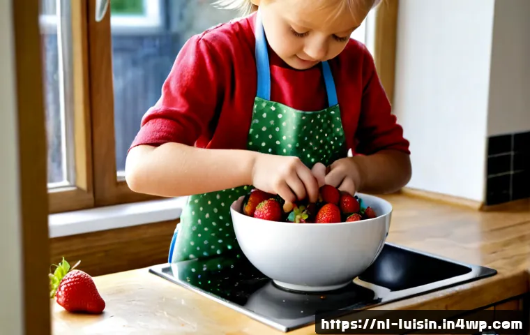Home 17 아동의 나이에 맞는 요리 난이도 설정 - Photorealistic Dutch family kitchen, a young child aged about 5 wearing a colorful apron carefully w...