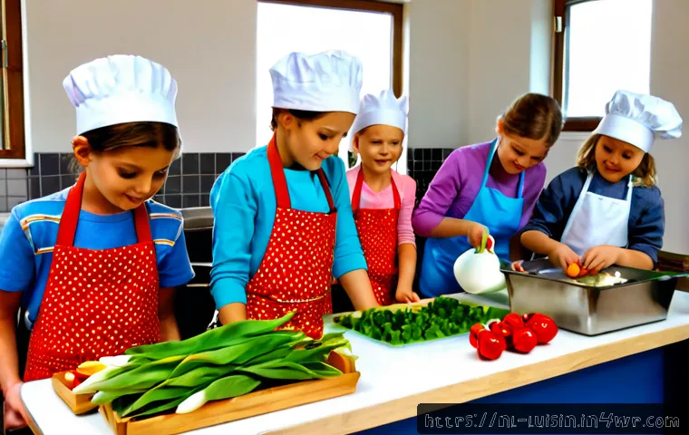 Home 17 아동 요리 수업에서 활용할 수 있는 게임 - Photorealistic Dutch children’s cooking class game, diverse children aged 7–10 wearing colorful apro...