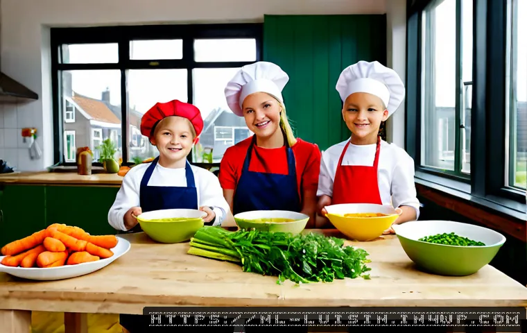 아동 요리 클럽 만들기 - Photorealistic community cooking club for children in a bright Dutch neighborhood kitchen, diverse c...